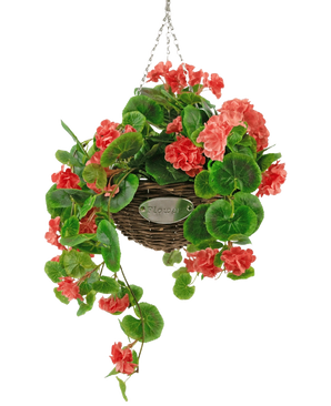 Le Bégonia Rose Artificiel en Panier UV 70 cm est un panier en osier suspendu avec des feuilles vertes luxuriantes et des fleurs de bégonia rose corail vibrantes, suspendues à une chaîne argentée sur un fond blanc.