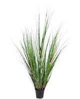 Le Gazon Artificiel Oignon 120 cm ignifuge possède de longues et fines tiges vertes aux accents rouge-brun, présentées dans un pot sur un fond uni blanc.