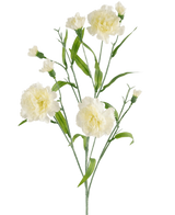 La fleur artificielle bouquet d'oeillets 70 cm blanc a une tige avec plusieurs fleurs d'oeillets blanches et des feuilles vertes sur un fond blanc uni.