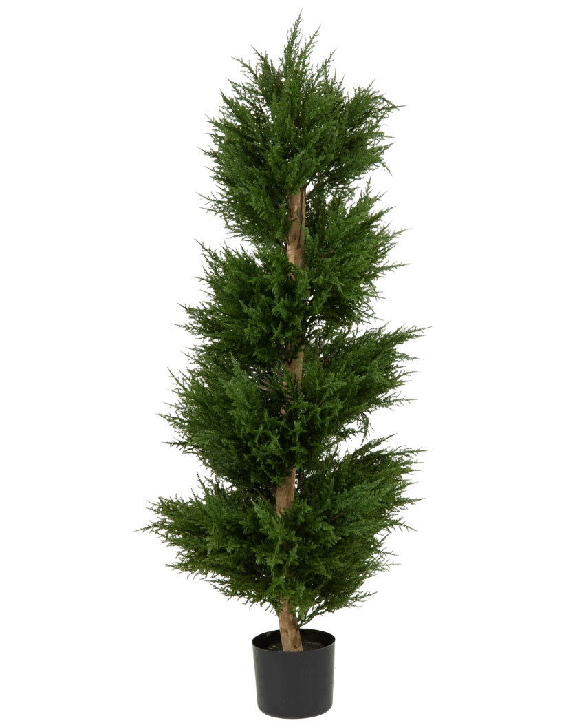 Une plante artificielle de conifère spirale UV 120 cm, un conifère artificiel haut en forme de spirale avec des feuilles denses vert foncé et un tronc droit, représenté sur un fond blanc uni.