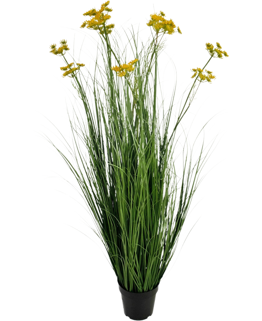 Le Pot d'Herbe d'Oignon Fleur de Racine de Gazon Artificiel 120 cm est une plante artificielle ignifuge dans un pot avec de longues feuilles vertes ressemblant à de l'herbe et des bouquets de petites fleurs jaunes, isolées sur un fond blanc.