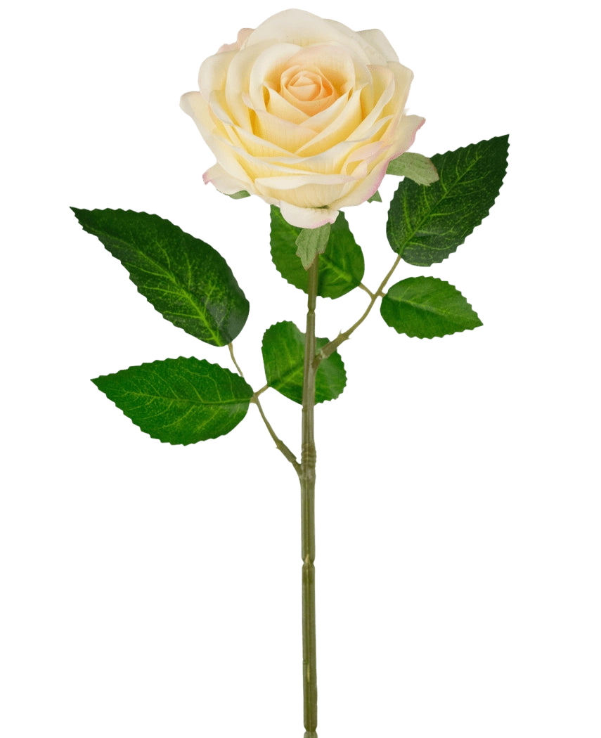 La Rose Artificielle "Emine" Real Touch jaune/crème (43cm) possède une seule rose artificielle jaune clair avec de multiples feuilles vertes sur une longue tige, isolée sur un fond blanc.