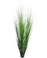 Le gazon artificiel Oignon 170 cm est un gazon artificiel haut et ignifuge avec de longues et fines lames vertes dans un pot noir compact, représenté sur un fond blanc uni.