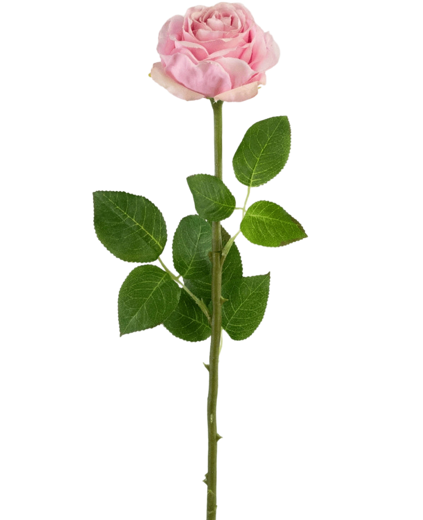 La Rose Artificielle Real Touch 56 cm rose clair est une rose artificielle simple rose clair avec une longue tige verte, de multiples feuilles vertes et des épines visibles, représentée sur un fond blanc uni.