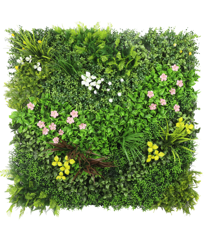 La Haie Artificielle Vitality 100x100 cm UV est un panneau carré au feuillage artificiel vert dense et aux bouquets épars de petites fleurs roses, jaunes et blanches sur fond blanc.