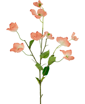 Le Cornouiller Artificiel Real Touch Rose Clair 74 cm possède une tige unique avec de multiples branches, chacune décorée de fleurs de cornouiller rose clair et de feuilles vertes, sur un fond blanc uni.