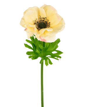 L'Anémone Artificielle Real Touch jaune 52 cm est une anémone artificielle réaliste avec une fleur jaune clair, un cœur foncé, des feuilles vert clair profondément lobées et une longue tige verte, parfaite pour la décoration et sur un fond blanc.
