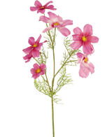 Une seule fleur artificielle Cosmos fuchsia de 74 cm avec des feuilles délicates et plumeuses et de multiples fleurs fuchsia au centre jaune est présentée sur un fond blanc uni.