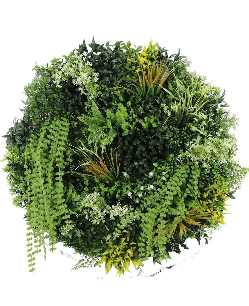 La haie artificielle sur cadre noir Ø100 cm présente un arrangement circulaire de diverses plantes vertes et feuillages, notamment des fougères, des vignes torsadées et des feuilles à pointe jaune, avec différentes formes et textures de feuilles sur un fond blanc.