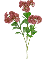 Une branche artificielle Sedum de 56 cm rose avec des feuilles vertes et des bouquets de petites fleurs rondes et vaporeuses rose-rouge sur fond blanc.