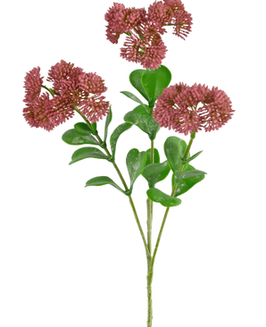 Une branche artificielle Sedum de 56 cm rose avec des feuilles vertes et des bouquets de petites fleurs rondes et vaporeuses rose-rouge sur fond blanc.