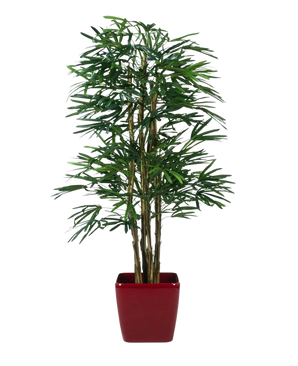 Le palmier artificiel Lady 180 cm est un grand palmier artificiel avec de multiples tiges de feuilles vertes, présenté dans un pot carré rouge brillant sur un fond blanc uni.