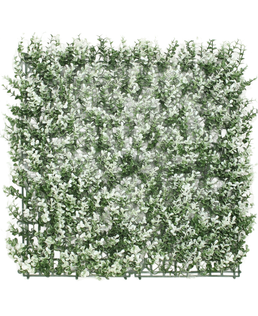 La Haie Artificielle Buis blanc 50x50 cm UV est un panneau de buis artificiel carré avec de petites feuilles à pointe blanche sur une grille en plastique, représentées sur un fond blanc.