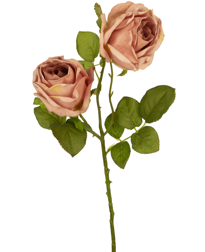 La Rose Artificielle Deluxe 55 cm rose possède deux roses artificielles rose-brun avec des feuilles vertes sur une seule tige, qui forment un contraste saisissant sur un fond blanc uni.