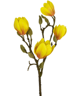 La fleur artificielle Magnolia 50 cm jaune/orange, avec plusieurs fleurs jaune vif et orange avec des boutons verts, se distingue comme une décoration florale artificielle frappante sur un fond blanc uni.