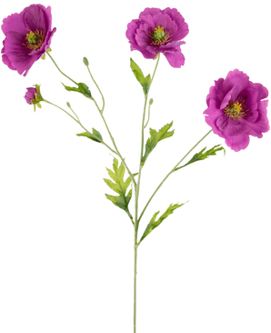 Le Pavot Artificiel Real Touch Violet 65 cm a une seule tige verte avec trois fleurs violettes épanouies et plusieurs bourgeons, chaque fleur avec un centre jaune et de délicates feuilles vertes, le tout sur un fond blanc uni.