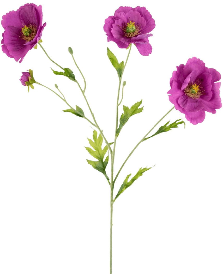 Le Pavot Artificiel Real Touch Violet 65 cm a une seule tige verte avec trois fleurs violettes épanouies et plusieurs bourgeons, chaque fleur avec un centre jaune et de délicates feuilles vertes, le tout sur un fond blanc uni.