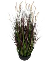 Le bonsaï d'herbe d'oignon chenille à gazon artificiel est une plante artificielle ignifuge de 100 cm avec de longues lames vertes et violet foncé avec des panaches doux de couleur crème, représentés sur un fond blanc uni.