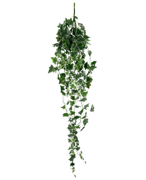 Le Lierre Artificiel 130 cm vert/blanc est une plante de lierre artificiel suspendu avec de longues feuilles vertes traînantes et des bords blancs, représenté sur un fond blanc uni.