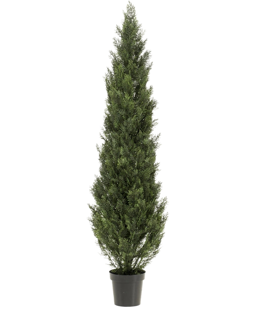 La Plante Artificielle Conifère UV 180 cm est une plante verte artificielle à feuilles persistantes, haute et étroite, avec des feuilles vertes denses dans un pot en plastique noir, sur un fond blanc uni.