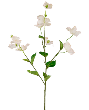 Un seul cornouiller artificiel Real Touch Blanc/rose de 74 cm a des fleurs de cornouiller artificiel rose clair et des feuilles vertes sur une tige longue et mince, sur un fond blanc.