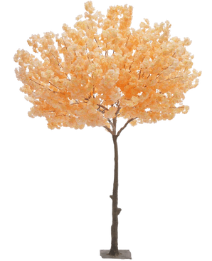 Arbre artificiel Cherry Blossom Peach de 270 cm avec un tronc marron et de nombreuses fleurs douces de couleur pêche, debout sur une base rectangulaire sur un fond blanc.