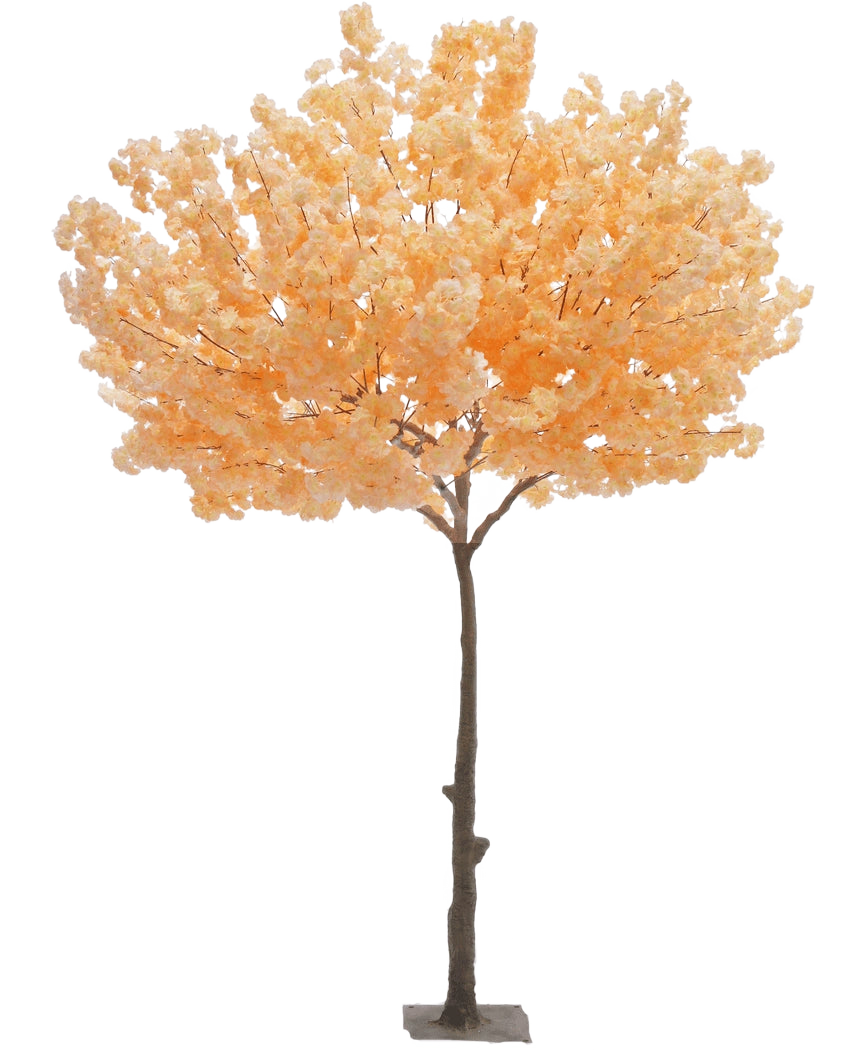 Arbre artificiel Cherry Blossom Peach de 270 cm avec un tronc marron et de nombreuses fleurs douces de couleur pêche, debout sur une base rectangulaire sur un fond blanc.