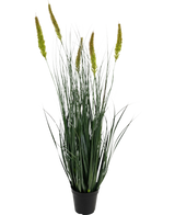 Le pot de gazon artificiel quenouille d'oignon de 90 cm ignifuge est une plante de gazon artificiel en pot avec de longues feuilles vertes minces et plusieurs têtes de graines hautes, jaune-vert sur un fond blanc uni.