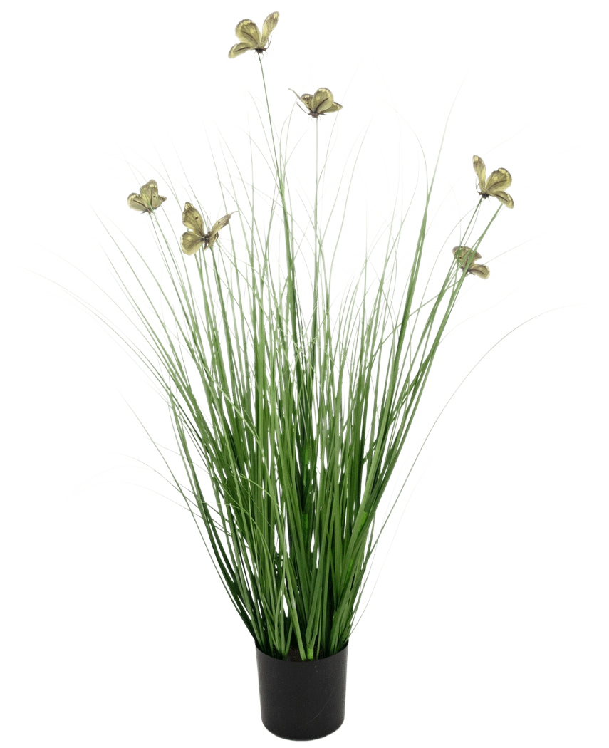 Le pot de gazon artificiel papillon oignon 90 cm ignifuge a de longues et fines feuilles de gazon artificiel vert et des fleurs jaunâtres sur de longues tiges, présentées dans un pot sur un fond blanc uni.