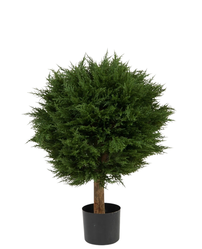 La Plante Artificielle Conifère Deluxe UV 80 cm présente une boule de feuilles vertes rondes et denses sur une seule tige brune, dans un pot noir et sur un fond blanc uni.