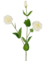 L'Eustoma artificiel Real Touch Blanc 72 cm a une seule tige verte avec deux fleurs blanches ouvertes, un bourgeon fermé et des feuilles vertes luxuriantes, le tout sur un fond blanc uni.