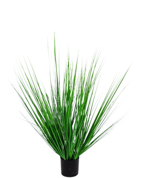 Le Gazon Artificiel Oignon 90 cm ignifuge est un gazon artificiel en pot avec de longues et fines lames vertes dans un récipient noir compact, sur un fond blanc uni.