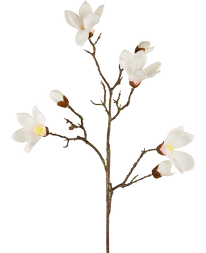 La Branche de Magnolia Artificielle Real Touch Blanc 98 cm a une seule tige brune avec plusieurs branches, chacune avec des fleurs de magnolia blanches et des bourgeons avec un centre jaune, joliment mis en valeur sur un fond blanc uni.
