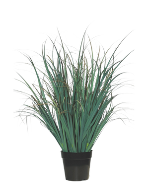 Le gazon artificiel Lawn Green 70 cm ignifuge a de longues et fines feuilles vertes dans un pot noir, sur un fond blanc uni - une plante artificielle élégante parfaite pour les intérieurs modernes.