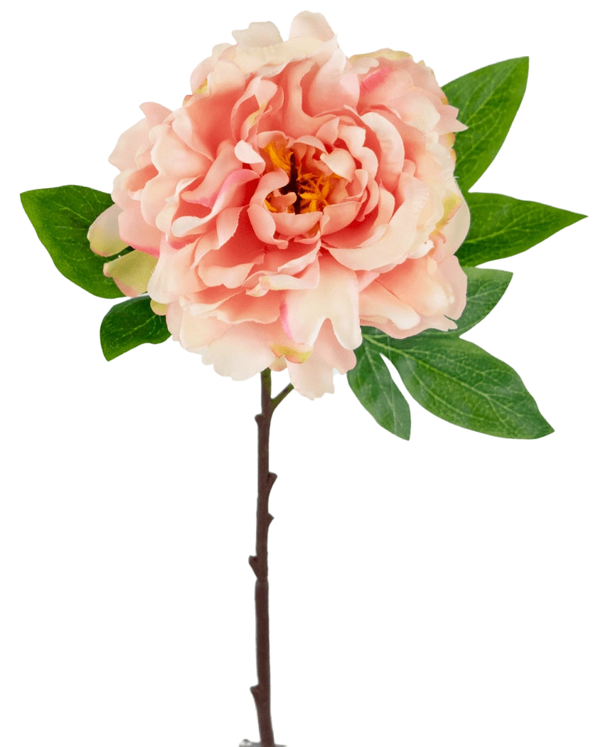 La Fleur Artificielle Pivoine 61 cm rose tendre est une pivoine artificielle rose aux pétales superposés et au cœur jaune sur une tige aux feuilles vertes, sur fond blanc.