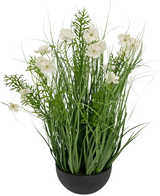 Le pot d'herbe d'oignon de fleur de Gesang blanche de gazon artificiel (56 cm, ignifuge) a de hautes feuilles vertes ressemblant à de l'herbe et de délicates fleurs blanches dans un pot noir pour un aspect luxuriant et naturel.