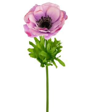 L'Anémone Artificielle Real Touch violette 52 cm possède une seule anémone violette et rose avec des pétales délicats, un cœur sombre, des feuilles vert vif et une longue tige, sur un fond blanc.