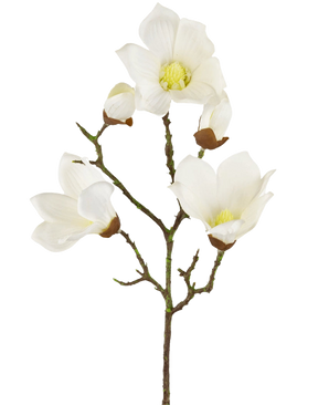 Une branche artificielle de Magnolia Real Touch White de 72 cm montre plusieurs fleurs et bourgeons de magnolia blancs avec des centres jaunes, sur un fond blanc uni.