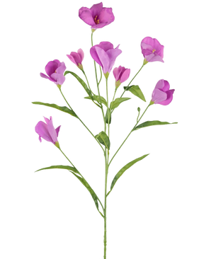 Une seule branche de Rhododendron Azalée Artificielle Real Touch Violet 80 cm avec plusieurs branches présente de délicates fleurs et bourgeons rose pourpre sur un fond blanc uni.