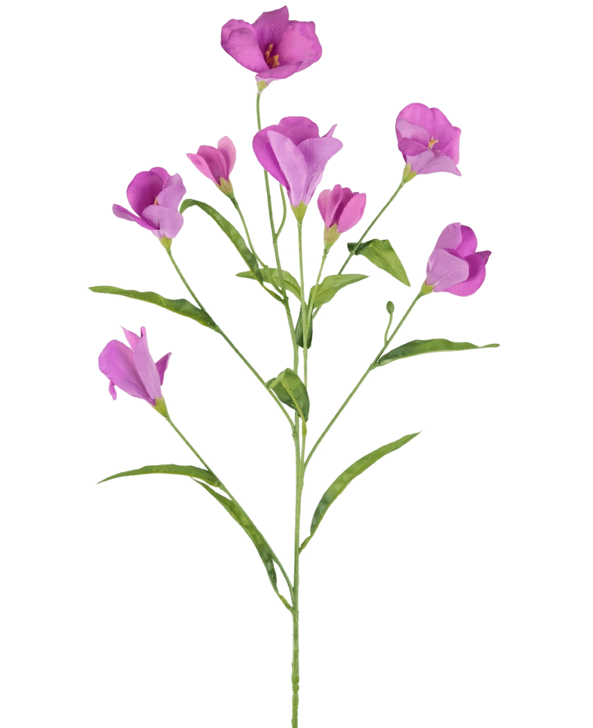 Une seule branche de Rhododendron Azalée Artificielle Real Touch Violet 80 cm avec plusieurs branches présente de délicates fleurs et bourgeons rose pourpre sur un fond blanc uni.