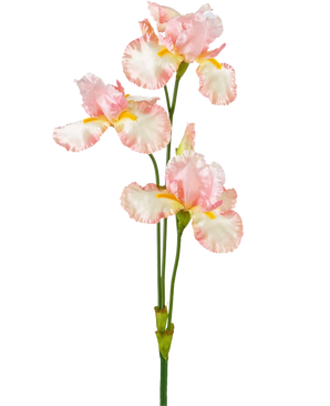 Une fleur d'iris artificielle de 102 cm rose clair présente plusieurs délicats volants rose clair et blancs avec des accents jaunes sur un fond blanc uni.