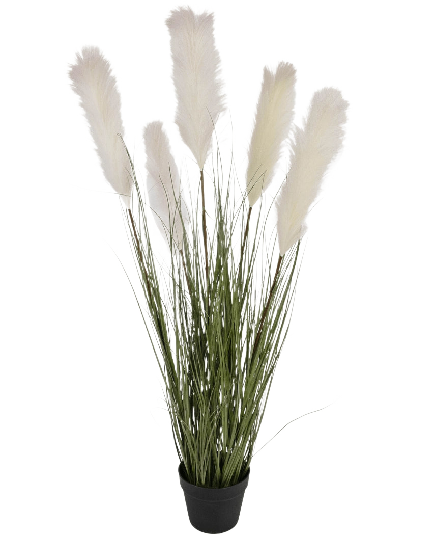 Le pot de gazon en tissu de gazon artificiel de 120 cm ignifuge a de hautes feuilles vertes ressemblant à de l'herbe et des panaches de pampa blancs moelleux dans un pot noir, sur un fond blanc uni.