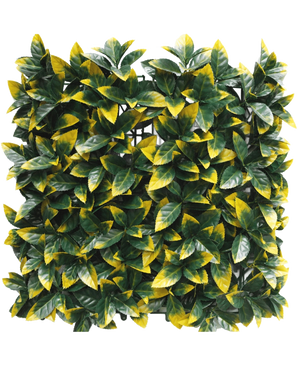 La Haie Artificielle Photonia jaune 50x50 cm UV présente des panneaux carrés et denses de feuilles artificielles panachées vertes et jaunes pour un aspect luxuriant et vivant. La couche raster est partiellement visible derrière le feuillage pour une installation facile.