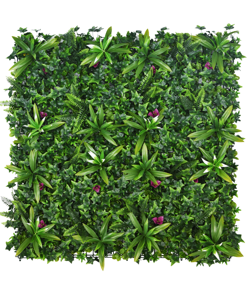 La Haie Artificielle Olivine 100x100 cm UV est un panneau de jardin vertical dense avec des plantes à feuilles vertes avec de petites fleurs violettes, parfait pour ajouter une verdure vibrante à n'importe quel espace.
