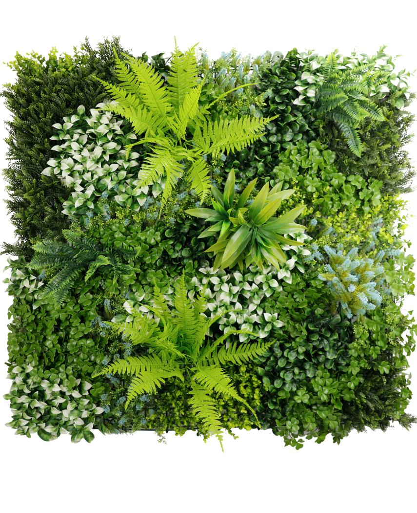 La Haie Artificielle Cloe 100x100 cm UV est un jardin vertical carré avec un mélange de plantes vertes luxuriantes et de fougères aux formes, tailles et nuances de feuilles variées pour un mur végétal dense, structuré et vivant.
