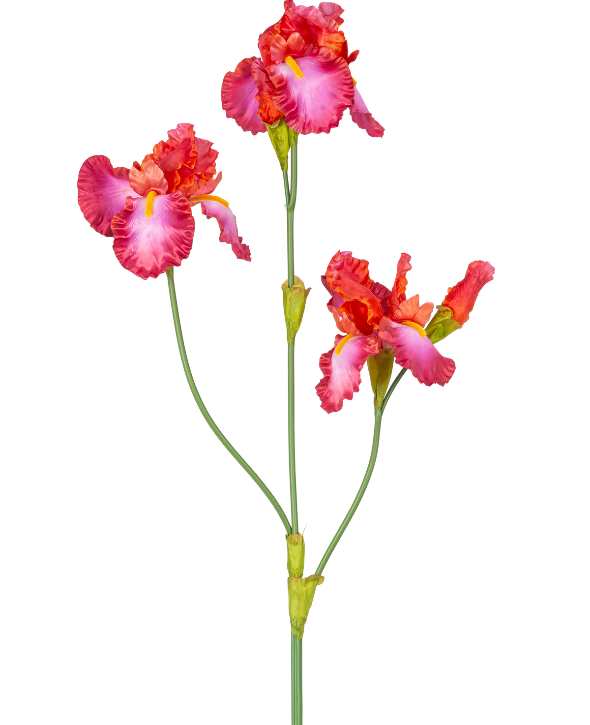 La fleur artificielle Iris 102 cm rouge a une tige avec trois fleurs roses et rouges vibrantes avec des accents jaunes et blancs. Les tiges et les bourgeons verts sont visibles sur un fond blanc uni.