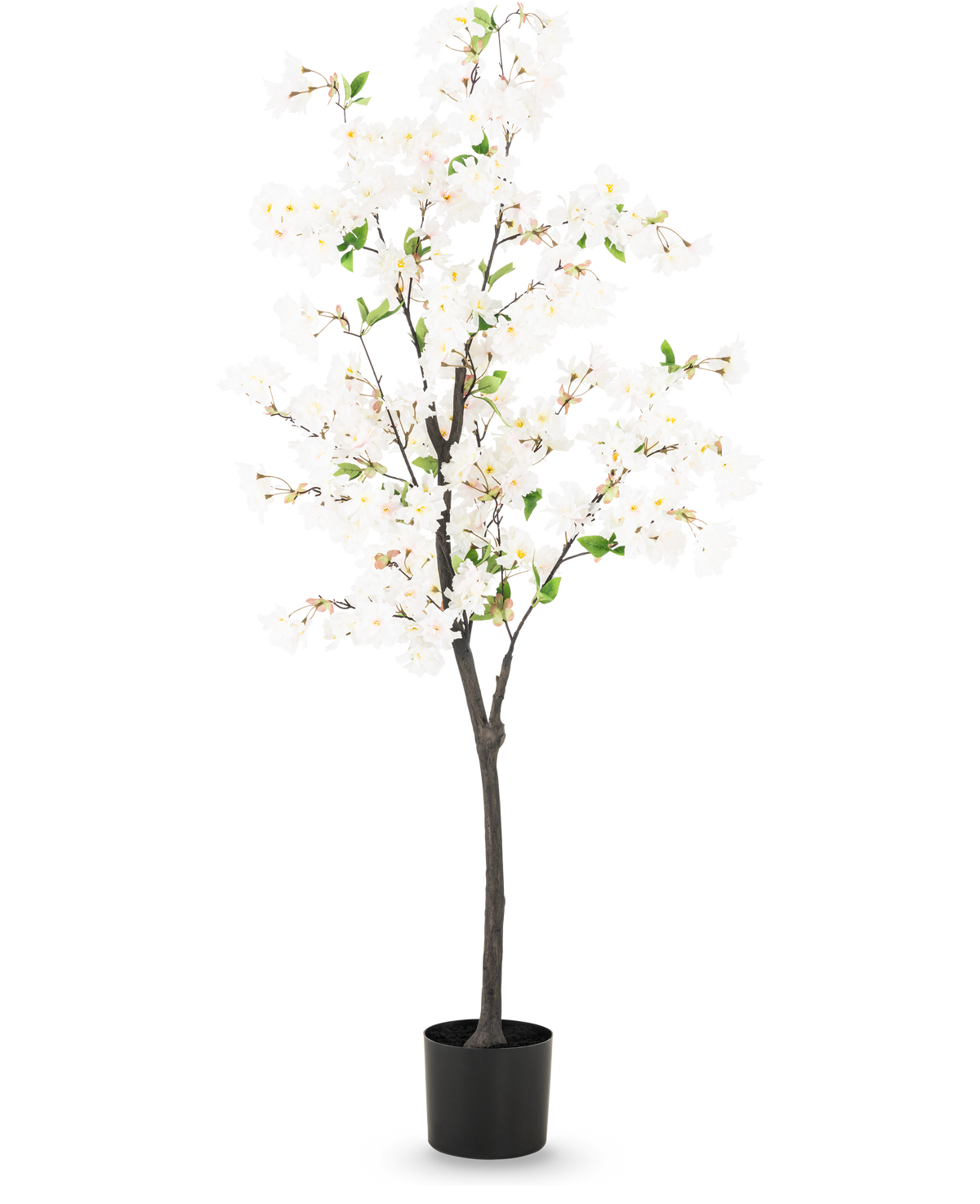 La fleur de cerisier artificielle 150 cm blanc est un grand cerisier artificiel avec de délicates fleurs blanches et de petites feuilles vertes dans un simple pot noir, représenté sur un fond clair uni.