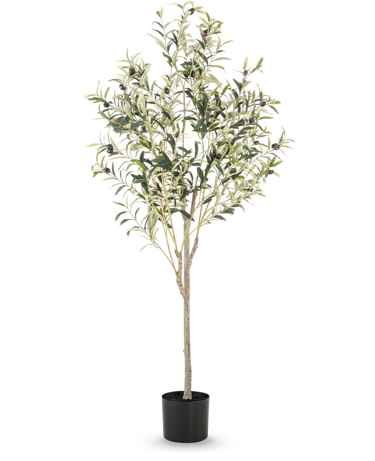 L'Olivier Artificiel 150 cm a des branches fines et des feuilles vertes avec de petites olives noires dans un simple pot noir, idéal pour ajouter une atmosphère méditerranéenne à n'importe quelle pièce.
