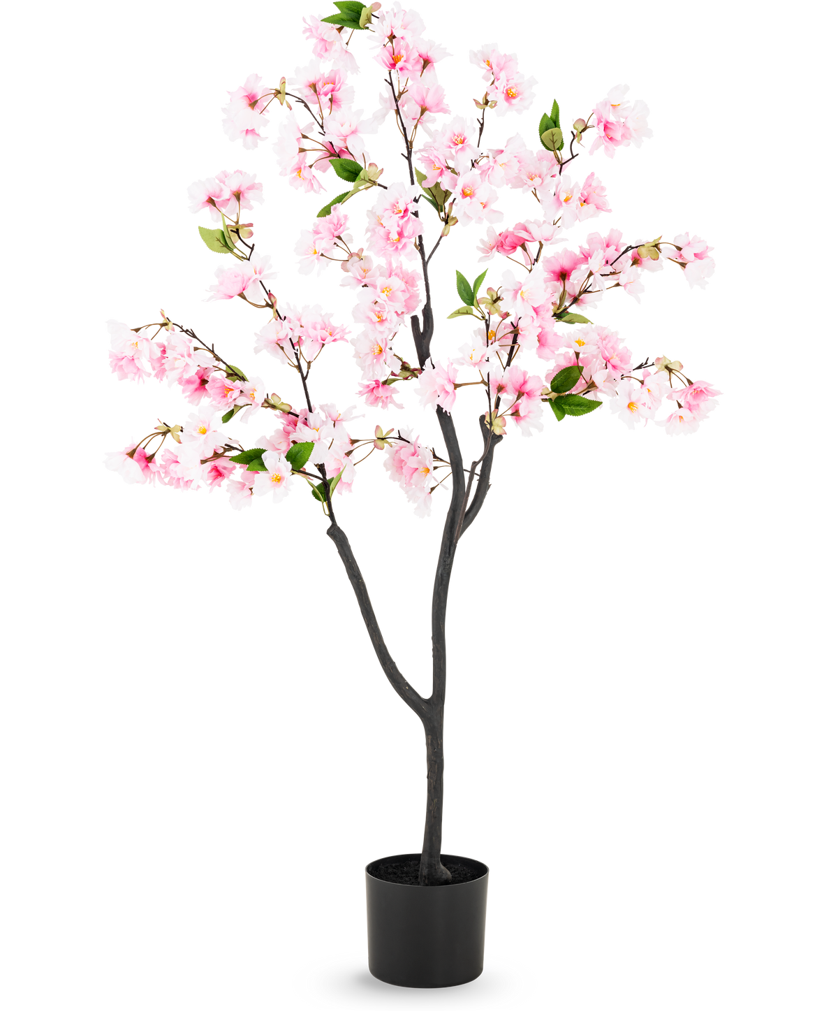Fleur de cerisier artificielle 120 cm rose avec fleurs roses et feuilles vertes dans un pot noir, composée de fleurs en soie pour un rendu réaliste, sur fond blanc.