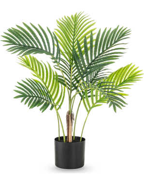 La plante artificielle Phoenix 85 cm possède plusieurs grandes feuilles de palmier vertes et est présentée dans un simple pot noir, parfait sur un fond blanc.